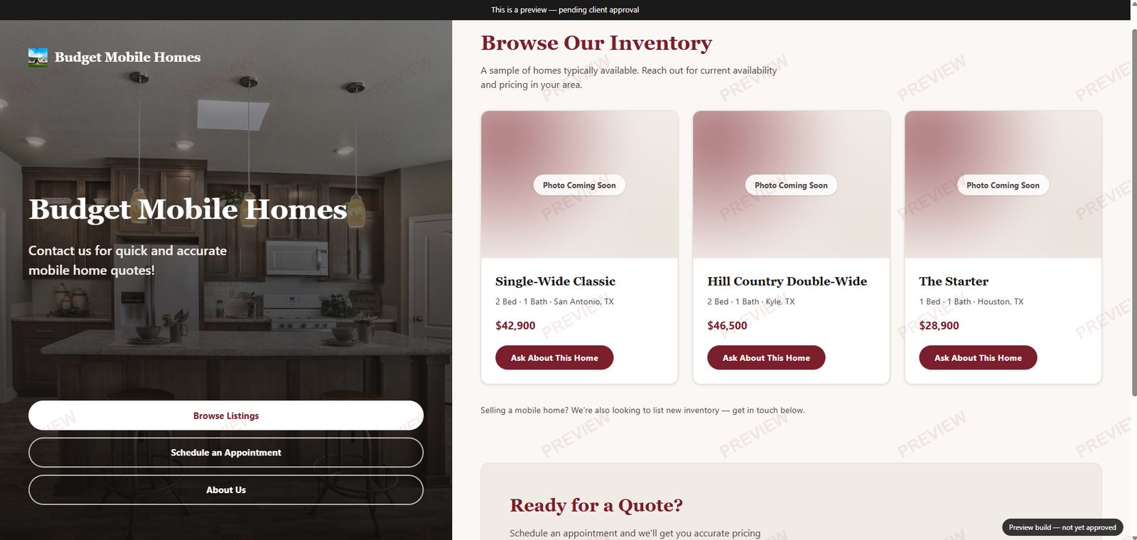 Budget Mobile Homes homepage — split-screen layout with a kitchen-photo hero panel on the left and maroon-accented listing cards on the right