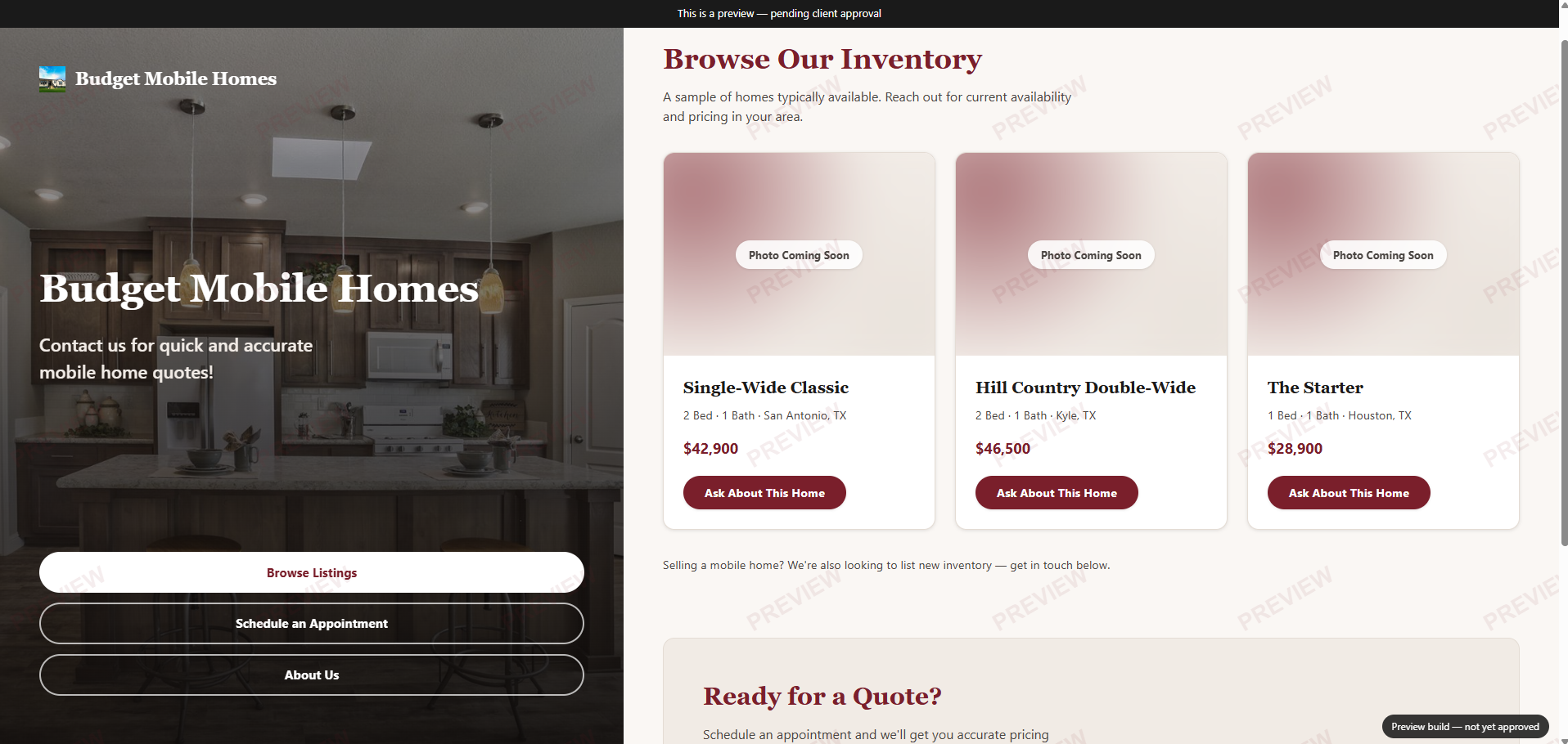Budget Mobile Homes homepage — split-screen layout with a kitchen-photo hero panel on the left and maroon-accented listing cards on the right