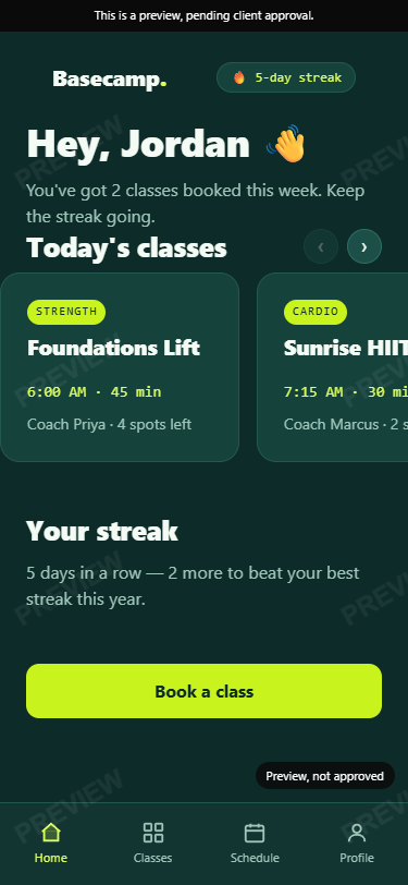 Basecamp Fitness mobile app-shell — Home screen with a greeting, a swipeable class carousel, and the fixed bottom tab bar
