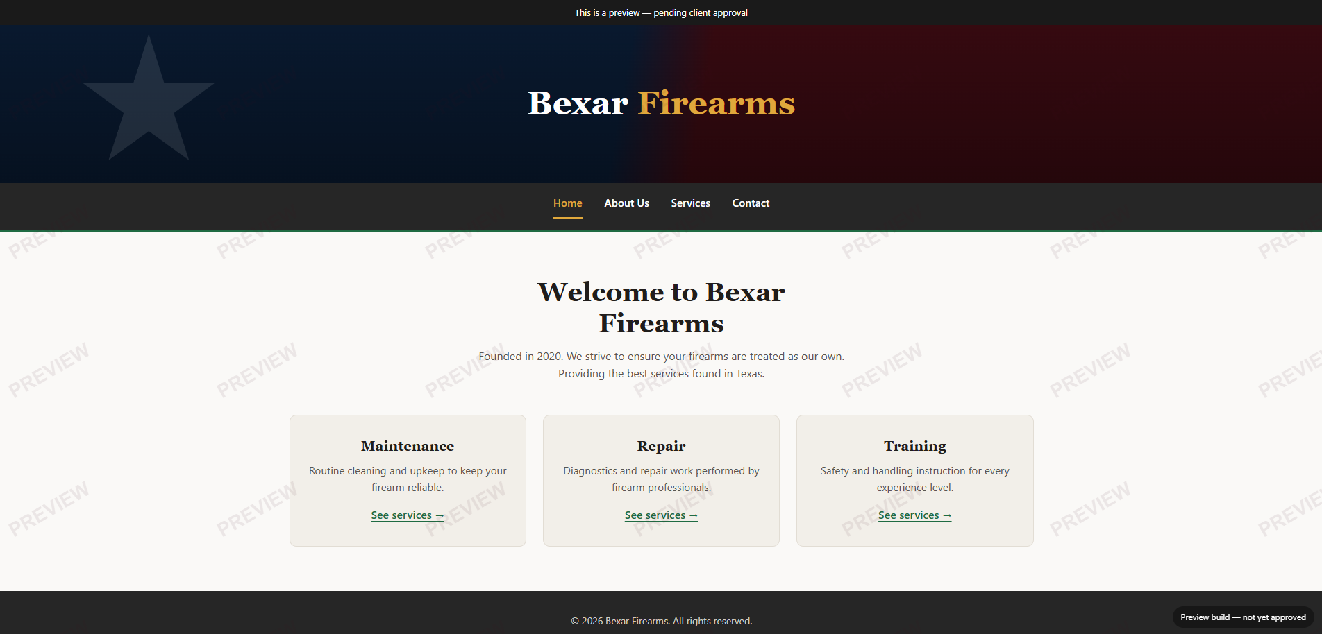 Bexar Firearms homepage — dark nav bar, Texas-flag hero banner, forest-green accent
